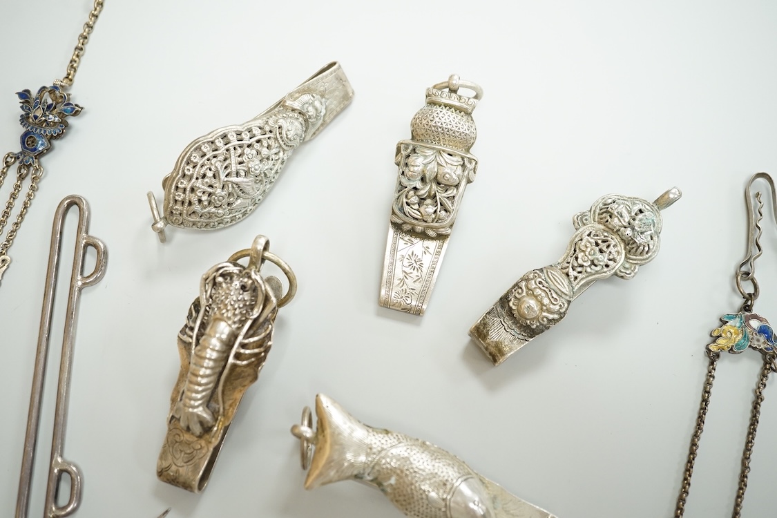 A collection of Chinese Straits white metal hooks, a chatelaine, South East Asian coinage and other items, etc.